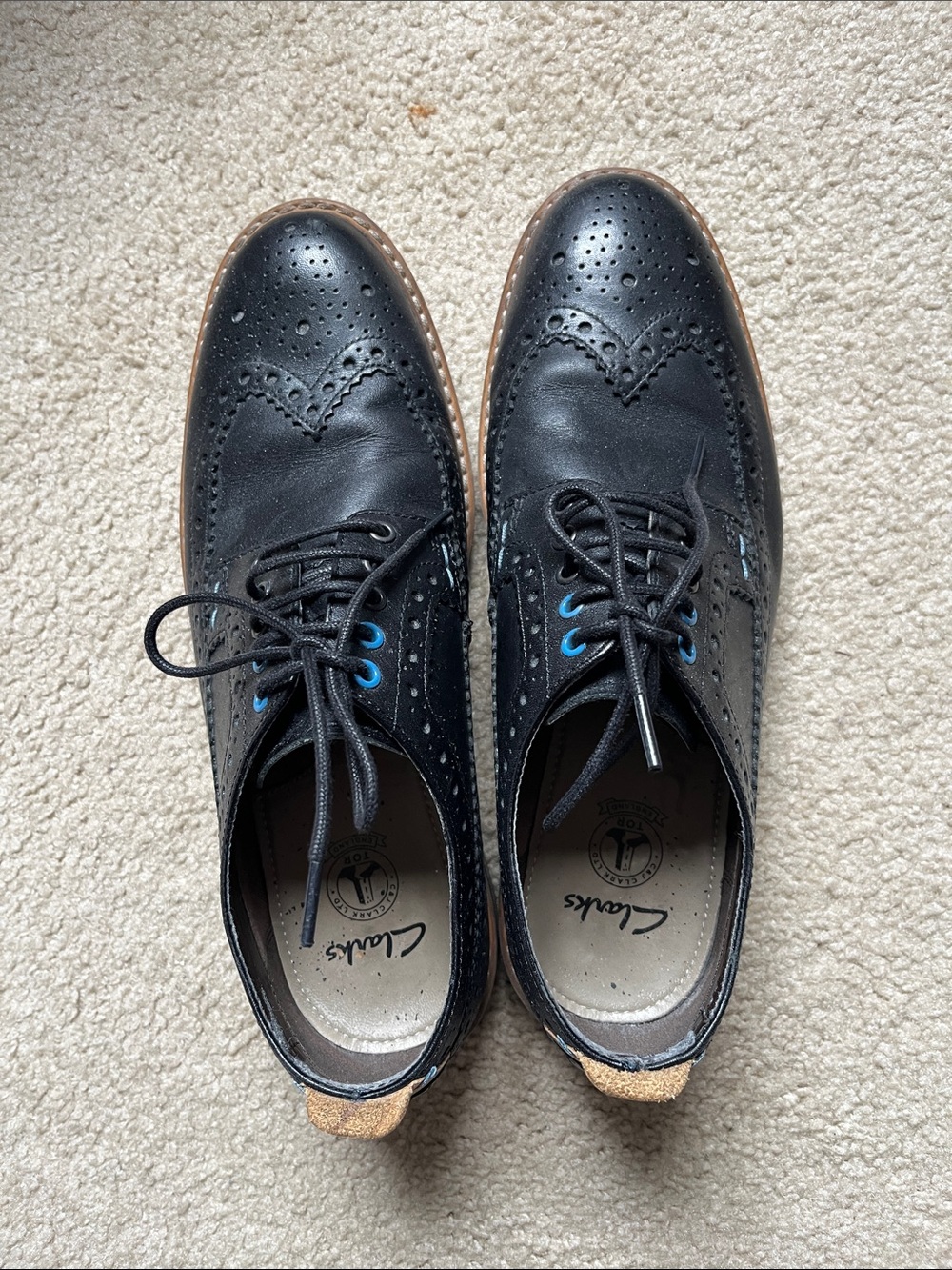 Clarks Men’s Black Leather Brogue Oxfords with Blue Eyelets